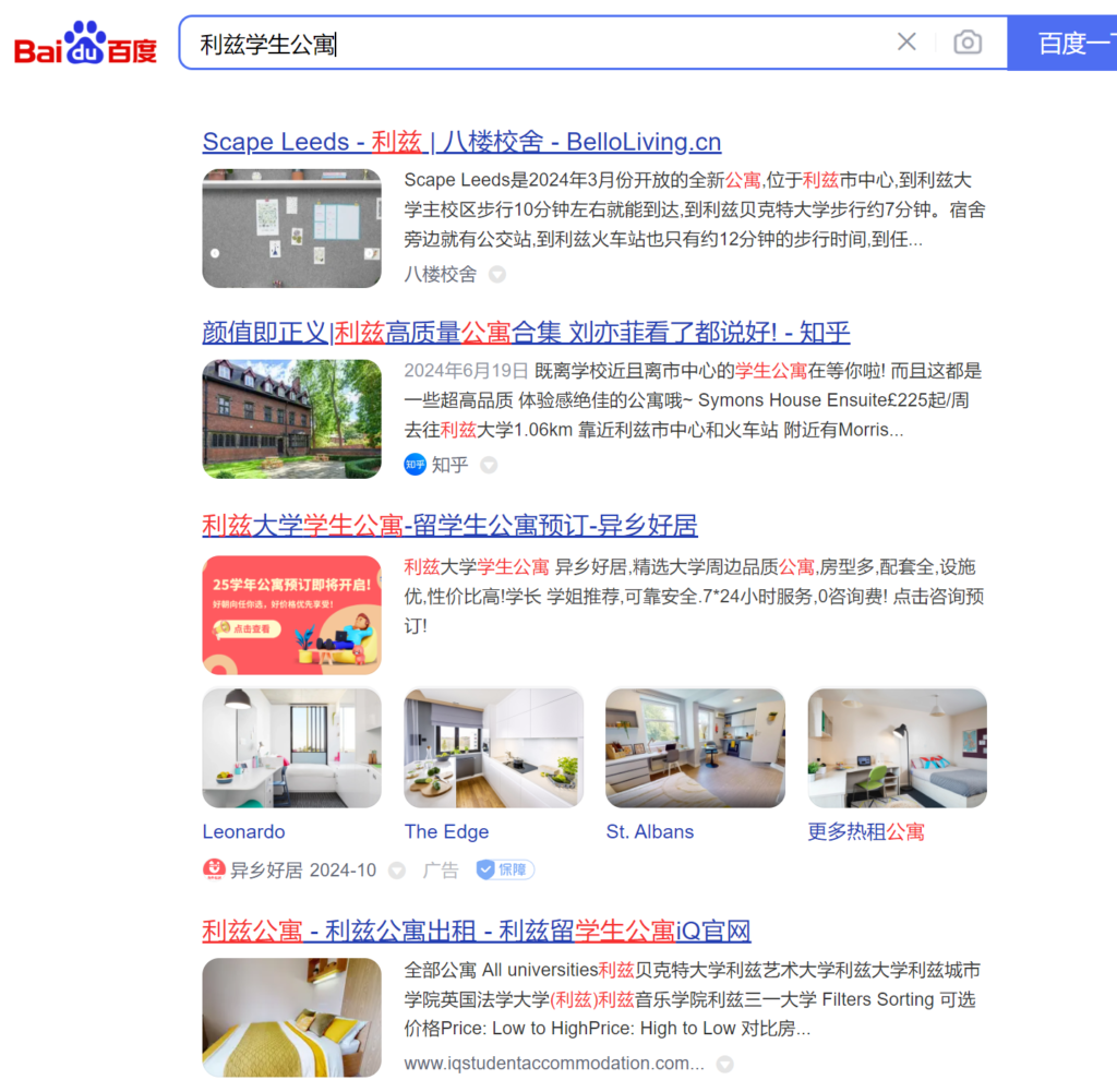 the search results of Lizz accommodation on Baidu